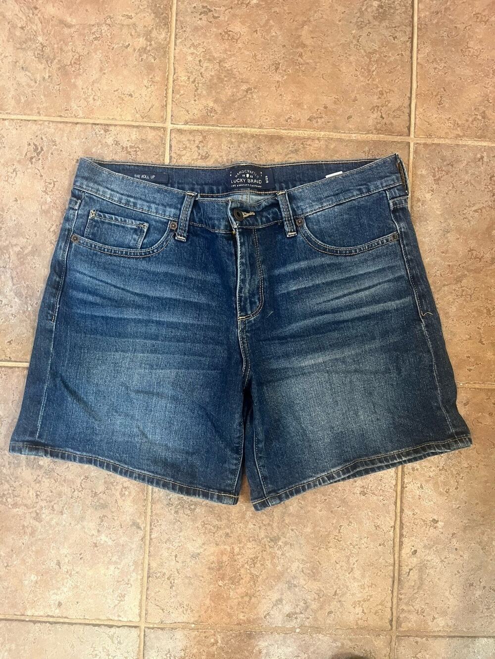 Lucky Brand 8/29 The Roll Up Darker Blue Denim Jean Shorts Stretch 6" Jorts